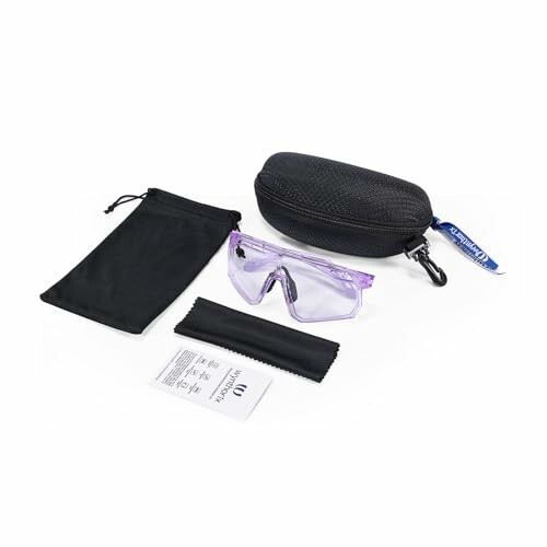 Safety glasses with case, pouch, and cleaning cloth.