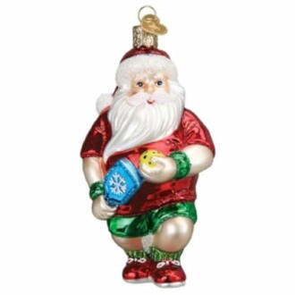 Santa Claus ornament holding a gift.