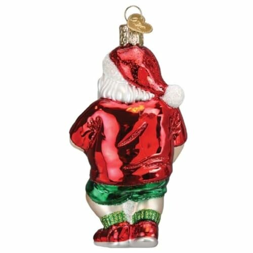 Back view of Santa Claus ornament in red and green attire.