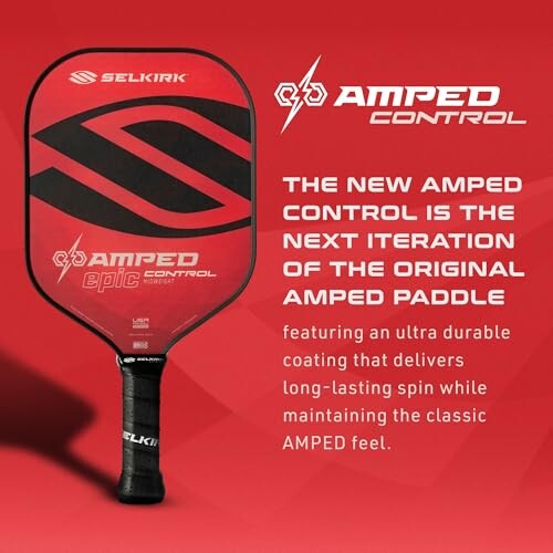 Red Selkirk Amped Control pickleball paddle with text about its durable coating and long-lasting spin.