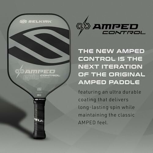 Selkirk Amped Control pickleball paddle with text about features.