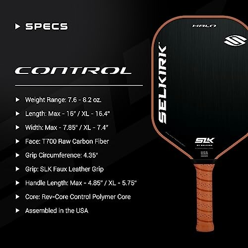 Selkirk pickleball paddle specifications with control features.