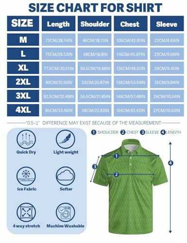 Size chart for shirts with measurements for M to 4XL, including icons for features like quick dry and machine washable.