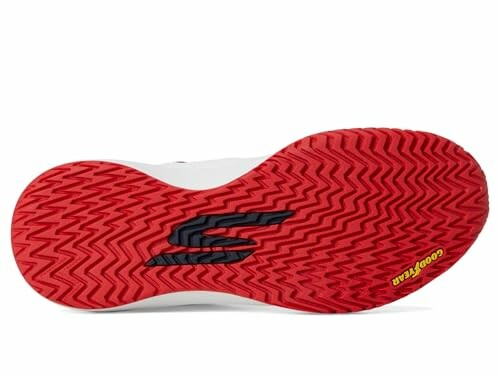 Red textured shoe sole with Skechers and Goodyear branding