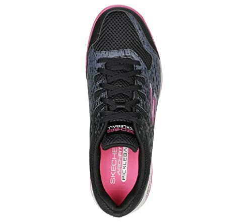 Top view of a black and pink Skechers pickleball shoe.