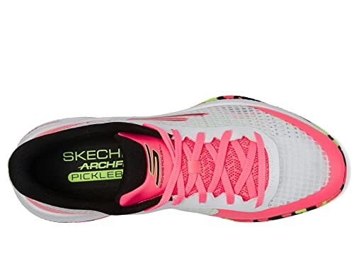 Top view of a Skechers pickleball shoe with pink and white design.