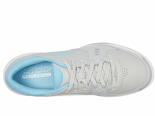 Top view of a Skechers Relaxed Fit pickleball shoe in gray and light blue.