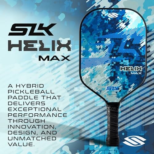 SLK Helix Max pickleball paddle with blue digital camouflage design.