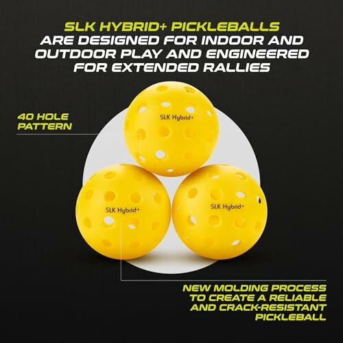 Three yellow SLK Hybrid+ pickleballs with 40 hole pattern.