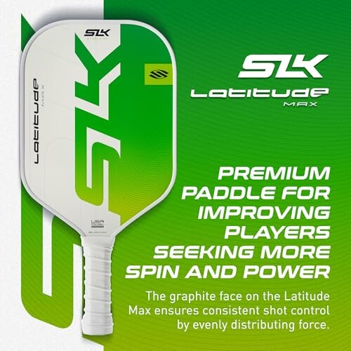 SLK Latitude Max pickleball paddle with text highlighting features for improving players.