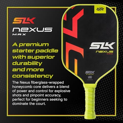 SLK Nexus Max pickleball paddle with fiberglass-wrapped honeycomb core for power and control