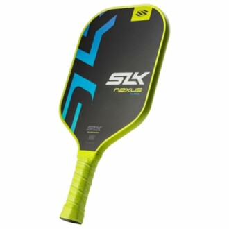 SLK Nexus pickleball paddle with neon yellow edge and blue accents