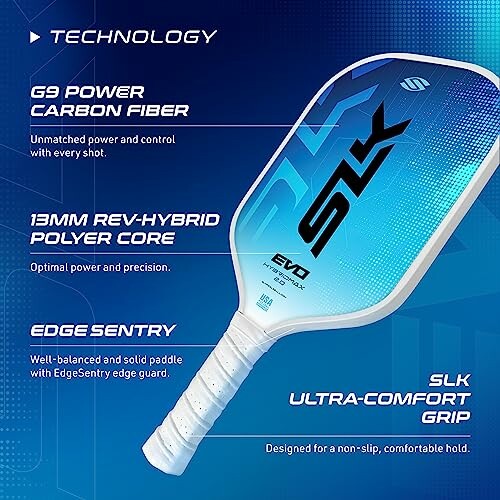 SLK pickleball paddle with technology features highlighted.