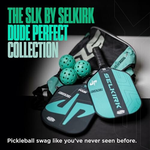 SLK by Selkirk Dude Perfect pickleball collection with paddles and balls.