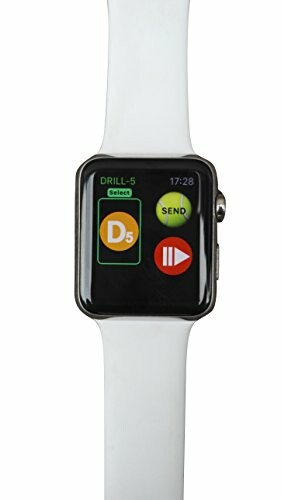 Smartwatch with colorful app interface featuring buttons and icons.