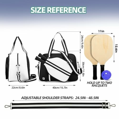 Size reference for sports bag with paddles and adjustable shoulder strap.