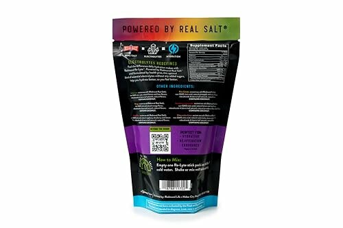 Back view of a sports drink mix package with nutritional information and instructions.