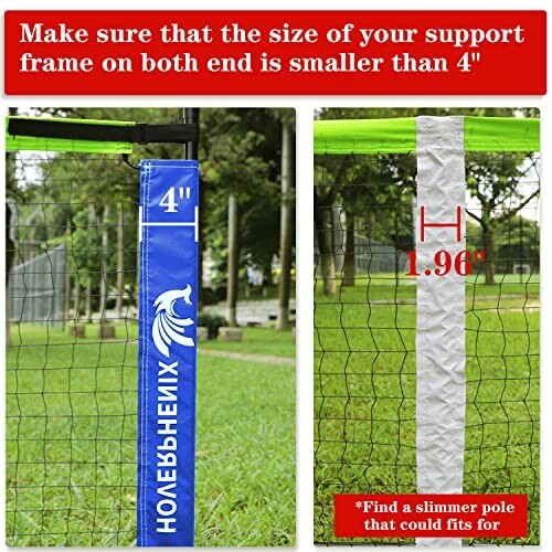 Sports net installation guide showing size requirements for support frame.