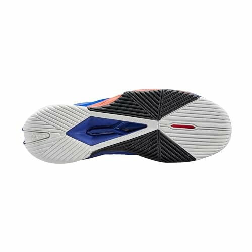 Bottom view of a sports shoe sole with multicolor design