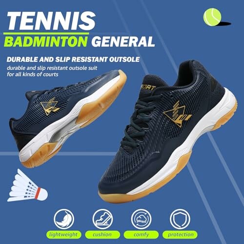 Black and gold sports shoes for tennis and badminton with durable outsole.