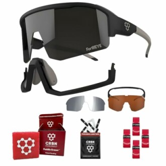 Sports sunglasses kit with interchangeable lenses and accessories.