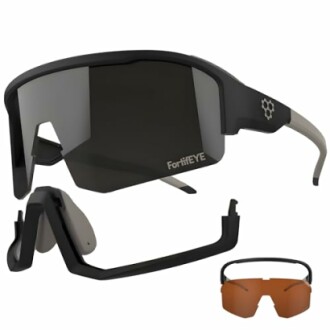 Sports sunglasses with interchangeable lens and accessories.