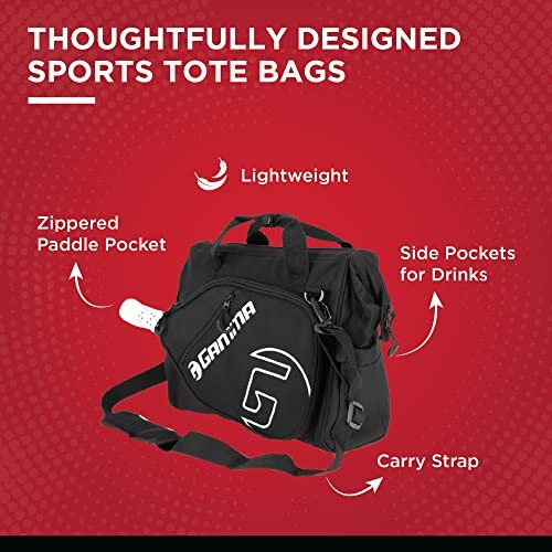 Black sports tote bag with features labeled: zippered paddle pocket, lightweight, side pockets for drinks, carry strap.