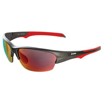 Sporty sunglasses with black and red frame and mirrored lenses.