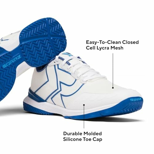 White Sqairz golf shoe with blue sole and labeled features.