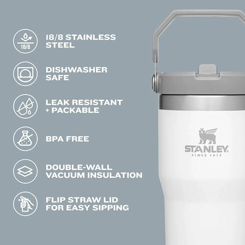 Stanley tumbler features including stainless steel, dishwasher safe, leak resistant, BPA free, vacuum insulation, flip straw lid.