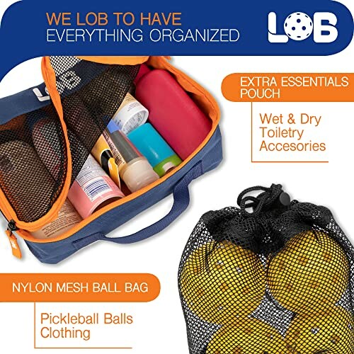 Storage bags with toiletries and pickleball balls, featuring mesh and extra essentials pouch.