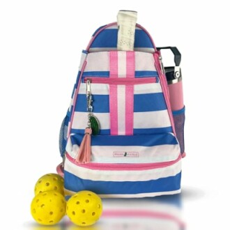 Striped backpack with pickleballs and water bottle.