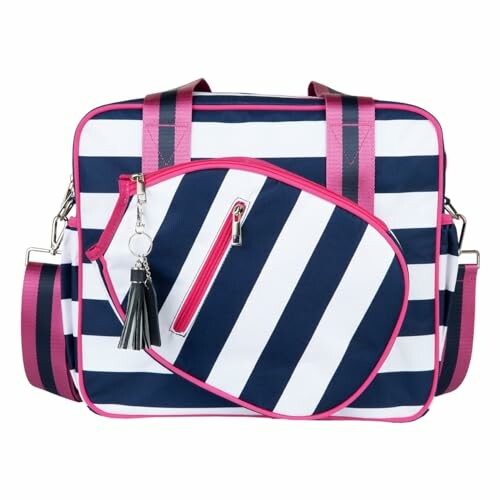 Navy and white striped bag with pink trim and tassel