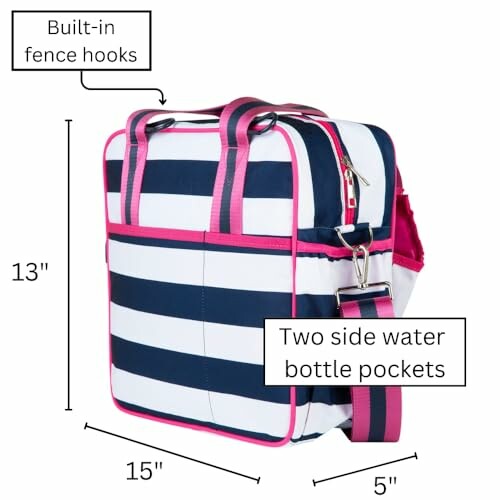 Blue and white striped tote bag with pink accents, featuring built-in fence hooks and side water bottle pockets