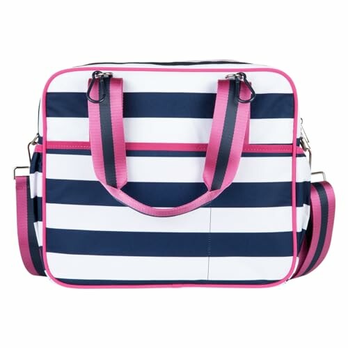 Striped tote bag with pink handles and strap