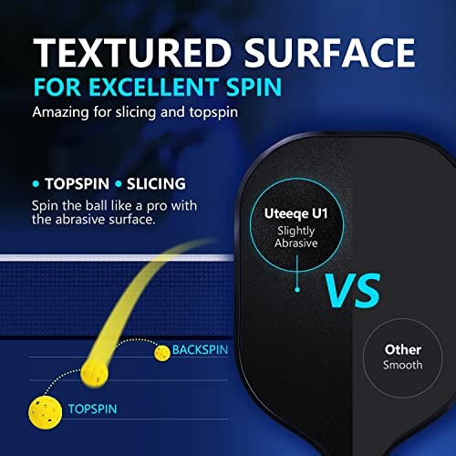 Table tennis paddle with textured surface for excellent spin, highlighting topspin and backspin benefits.