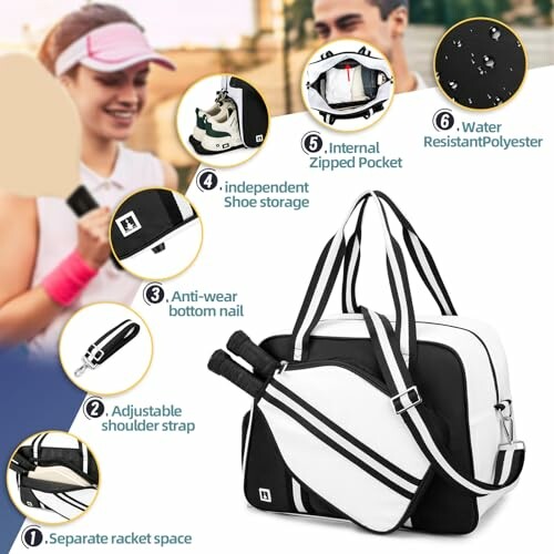 Tennis bag with features including separate racket space, adjustable shoulder strap, anti-wear bottom nail, independent shoe storage, internal zipped pocket, and water-resistant polyester.