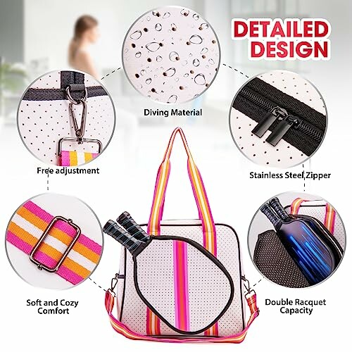 Tennis bag design with various features highlighted.