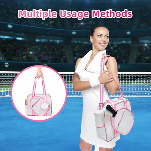 Woman with tennis bag on court, multiple usage methods displayed.