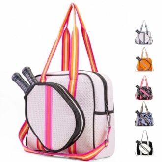 Tennis bag with racket holder and colorful straps