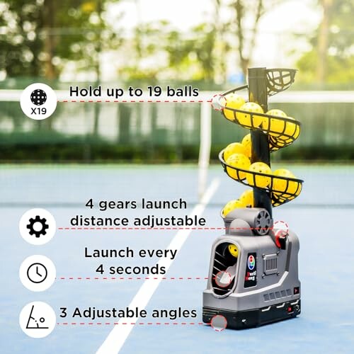 Tennis ball machine on court with features listed: holds 19 balls, adjustable launch distance, launches every 4 seconds, 3 adjustable angles.