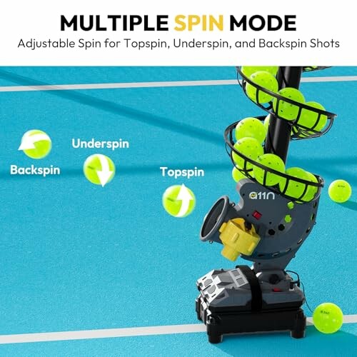 Tennis ball machine with multiple spin modes for topspin, underspin, and backspin.