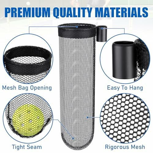 Mesh bag for tennis balls with features highlighted: mesh opening, easy to hang, tight seam, rigorous mesh.