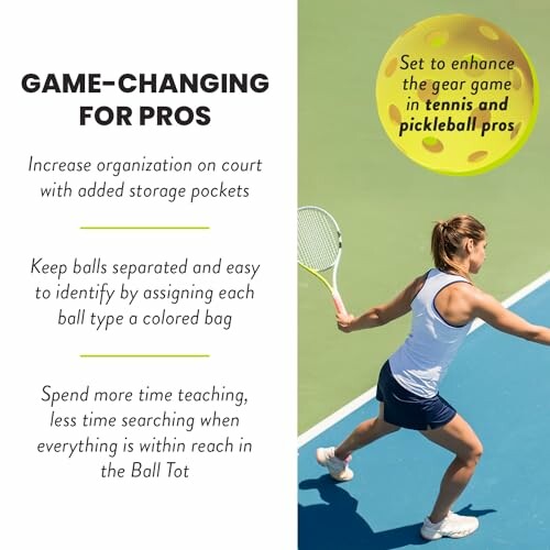 Woman playing tennis with gear enhancement benefits description.