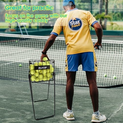 Person using a tennis ball caddy on a court.