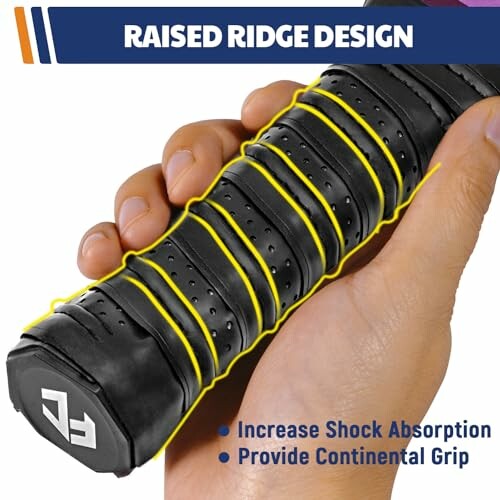 Close-up of a hand holding a tennis racket grip with a raised ridge design.