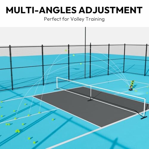 Tennis court with adjustable net and ball trajectories, ideal for volley training.