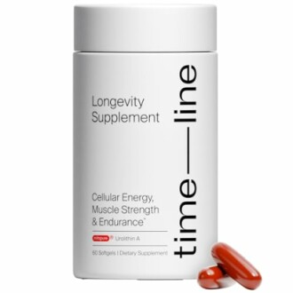 Timeline longevity supplement bottle with softgel capsules