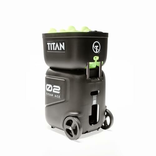 Titan tennis ball machine with wheels and ball holder.