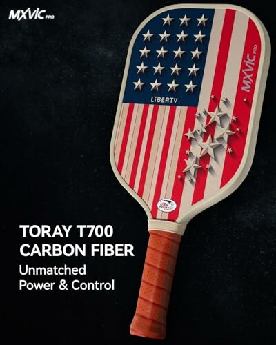 Pickleball paddle with American flag design and text 'Toray T700 Carbon Fiber, Unmatched Power & Control'.